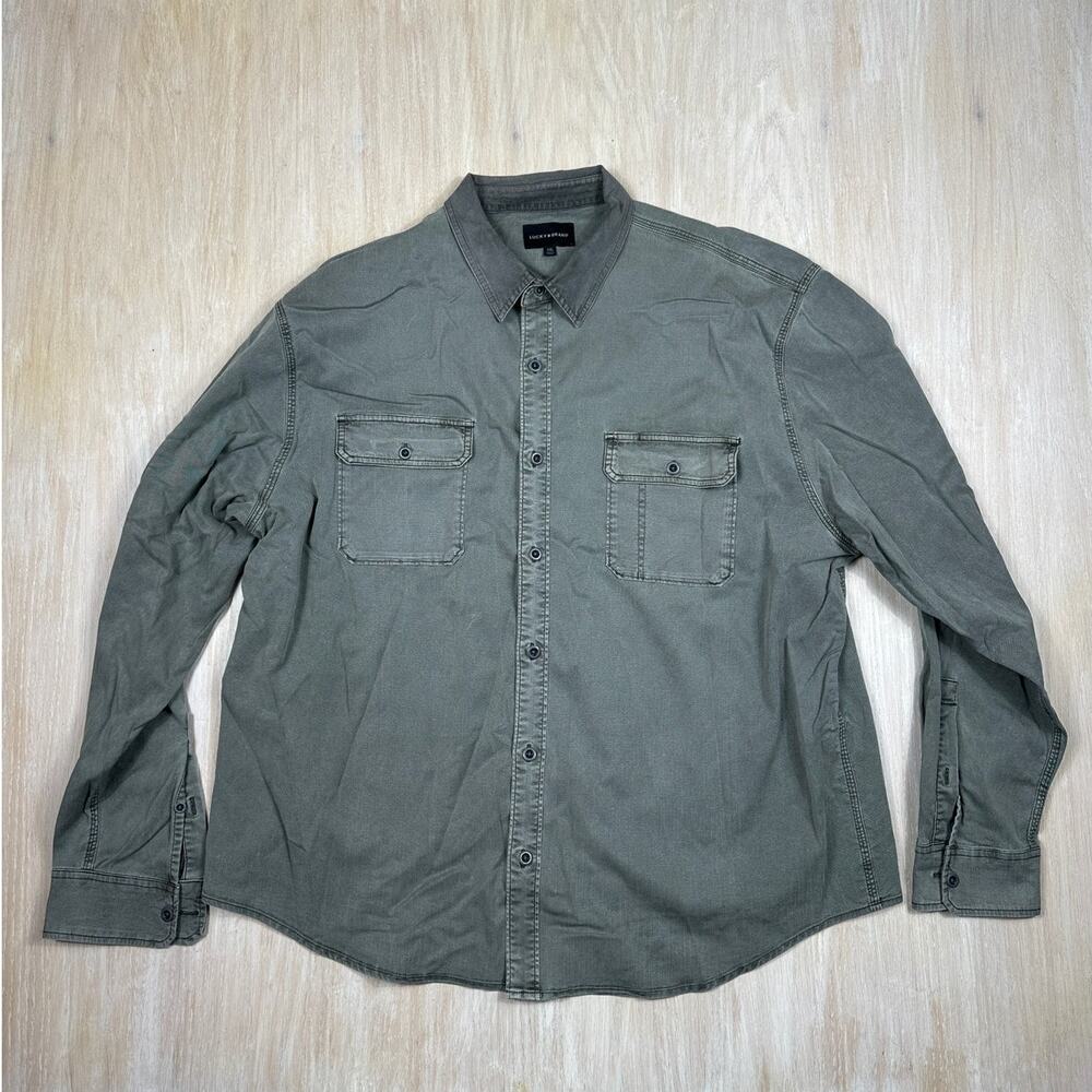Lucky Brand Men's Olive Green Utility Button Front Shirt XXL Casual Long Sleeve